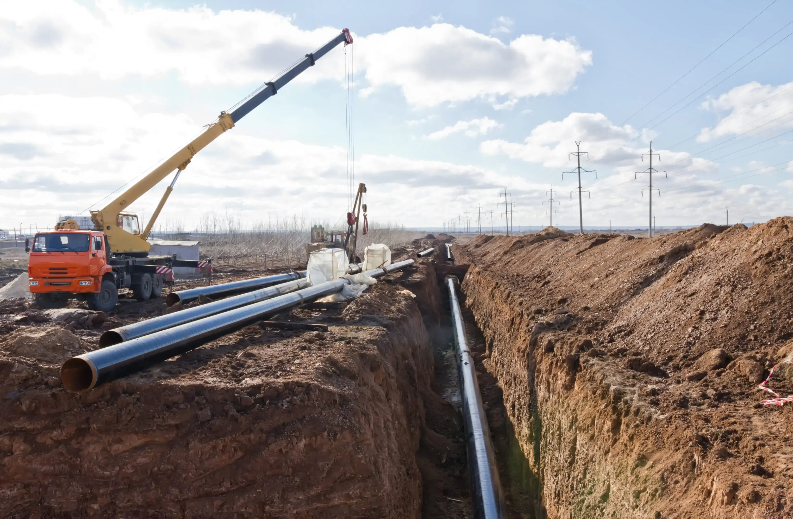 Construction site with buried pipeline